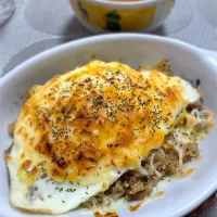 名残り筑前煮で炊き込みご飯→カレー卵ドリア|morimi32さん