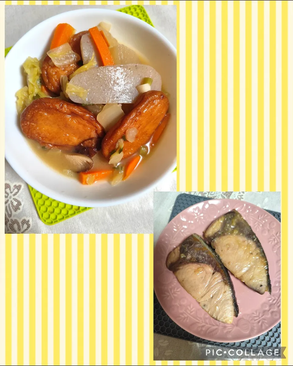 夜ごはんさつま揚げ味噌󠄀にんにく味煮物、ぶり煮物|m.rafuさん