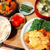 チキン南蛮、里芋と鶏肉の煮物、インゲンの胡麻和え、ミニトマト、ごはん、ほうれん草と玉子の中華スープ|samさん