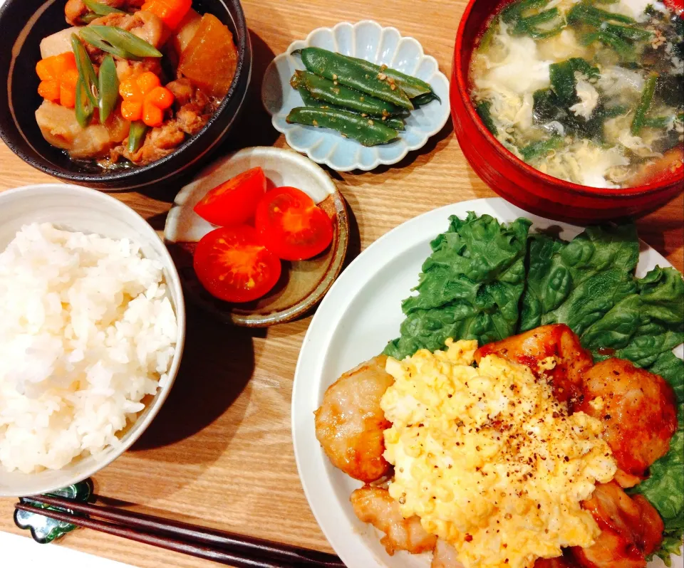 チキン南蛮、里芋と鶏肉の煮物、インゲンの胡麻和え、ミニトマト、ごはん、ほうれん草と玉子の中華スープ|samさん