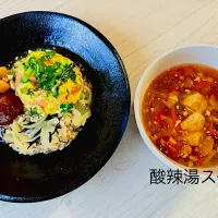 ひじきご飯に卵豆腐のあんかけと酸辣湯|tap.rinさん