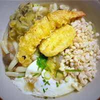 天麩羅肉月見うどん|すくらんぶるえっぐさん