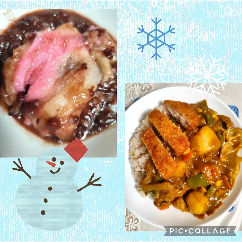 鏡開きのぜんざい、夜はカレー(2人はカツ乗せ)|m.rafuさん