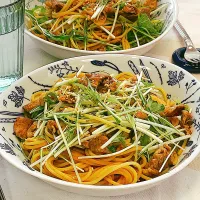 シャキシャキ水菜と豚のプルコギパスタ|アスママさん