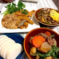 太刀魚のムニエルとえのきバター。牛根菜煮