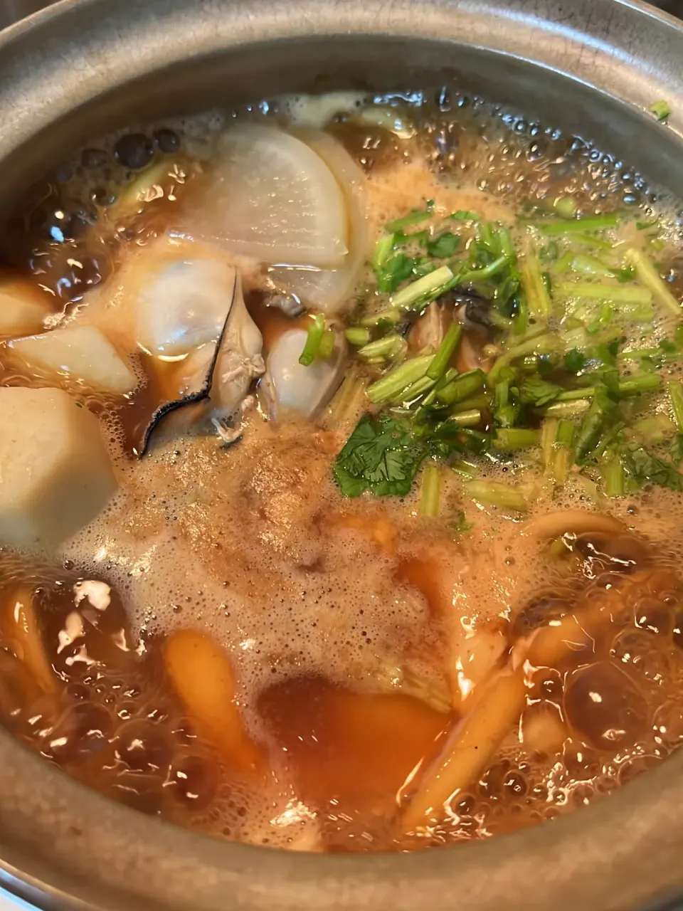 牡蠣1チューブ使った贅沢な味噌煮込みうどん✨✨寒い日はいいね👍くたびれたパクチー🌿があったのでつかったけど。私は好きですわ✨里芋が美味しい❣️半分食べて上着を脱ぎました✨あったまるわーー。|tamemitiさん
