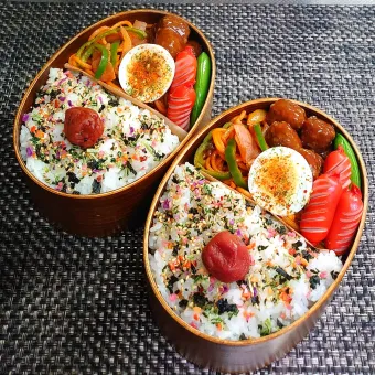 Snapdishの人気料理写真:母とムスコのラブラブおソロ♪イシイのおべんとクンミートボール弁当