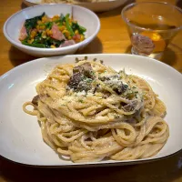 ポルチーニ茸ソースのパスタと、ほうれん草のバターソテー|もえさん