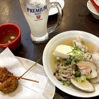 あみたつ　アンコウとはまぐりの酒蒸し、牡蠣、ナスビの元祖串揚げ、柚木サワー|よだみなさん