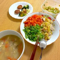 カオマンガイ、チーズはんぺん、鶏団子と根菜のうま味噌汁、イカくんセロリ、温野菜。|くろーぶやんさん