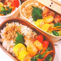 お弁当🌸塩麹唐揚げ、玉子焼き、ころころポテト、赤ウインナー、チンゲン菜と人参のナムル、鯖ほぐしご飯|samさん