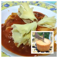 シンプルパスタにテットドモワンヌをのせて| つるぎだけさん