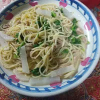 ツナ(水煮缶)、大根の葉、大根のノンオイルパスタ(胃にやさしいレシピ)