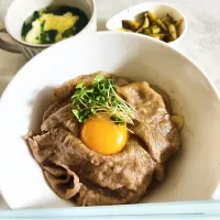 焼きしゃぶ丼＆きのこねバター炒め＆ほうれん草のかき卵汁|オーロラさん