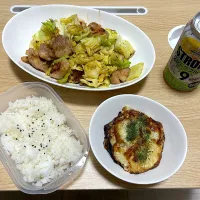 チキンとキャベツのガーリック炒め、チーズ豆腐(夜)|＾＾さん