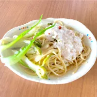 プンタレッラのアンチョビペペロンチーノの山かけパスタ|shikaさん