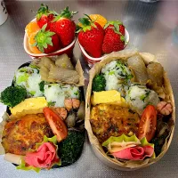 豆腐と人参丸ごとバーグ。大根菜おにぎり、こんにゃくごま煮、椎茸味噌あえなど。#毎日のお弁当記録。#毎日のお弁当作り| じゅんちゃんさん