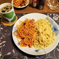 きのこパスタ、ナポリタン、具材入りタマネギスープ、とりのから揚げと甘海老から揚げ|enarinさん