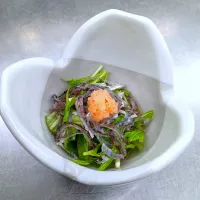 鯛皮湯引きと水菜のポン酢和え