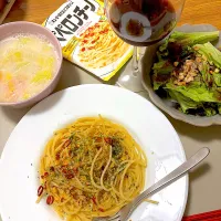 2026/01/22 ペペロンチーノパスタ、白菜のアーモンドミルクスープ、パパサラダ| kykyさん