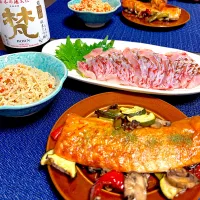 オジサンのお刺身とサーモンハラス焼き真鱈の子和え|ゆっちこさん