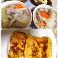 今日の夜ごはん(鶏の鍋、厚揚げチーズ焼き、牛すじ味付きコマ入り卵焼き)| m.rafuさん