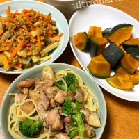 ＊炭火焼き鳥のパスタ、れんこんカレー炒め、かぼちゃで晩ごはん♬＊|ultramarineさん