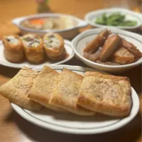 1/25の夕食　キムチ納豆揚げ焼きとお稲荷と煮物