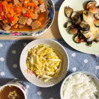 🌛*゜サイコロステーキ / ナスのチーズ焼き / ハクサイサラダ / オニオンコンソメスープ|Ayakaさん