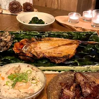 蛤ご飯　金目鯛干物　宮崎牛サイコロステーキ　舞茸天ぷら　ほうれん草の胡麻和え| izunさん