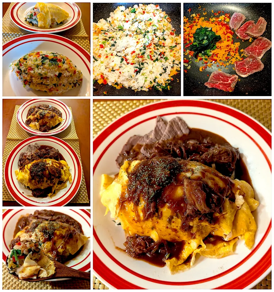 Today's dinner🍴Omelet w/a filling of garlic vegetables rice⭐︎お野菜たっぷりｶﾞｰﾘｯｸﾗｲｽのｵﾑﾗｲｽ ｼﾁｭｰがけ|🌈Ami🍻さん