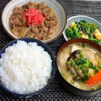 具だくさんお味噌汁付き牛皿定食でムスコの置きランチ|からあげビールさん