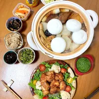 おでん♡塩糀パウダー胸唐揚げサラダ♡蓮根きんぴら♡ひじき煮♡粕漬け♡昆布の佃煮♡大根葉の炒め物♡キャベツシークワーサーコールスロー♡ほうれん草ポタージュ残り♡さんぴん茶| さくたえさん