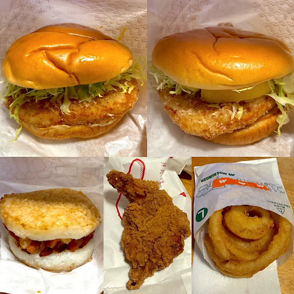 和風旨だれとり竜田🍔　ガリトマ竜田🍔　海鮮かき揚げ🍚　オニオンフライ🍟🧅　モスチキン🍗|るみおんさん