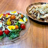 春菊とキノコのサラダ　豚ロースのネギ塩焼|かつらさん