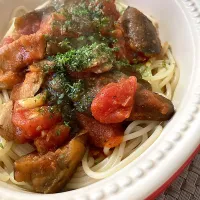 イワシのトマト煮🍅かけパスタ🍝