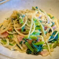 今日の麺好きランチは                                               「ほうれん草•ベーコンのクリーム調スパ」|mottoさん