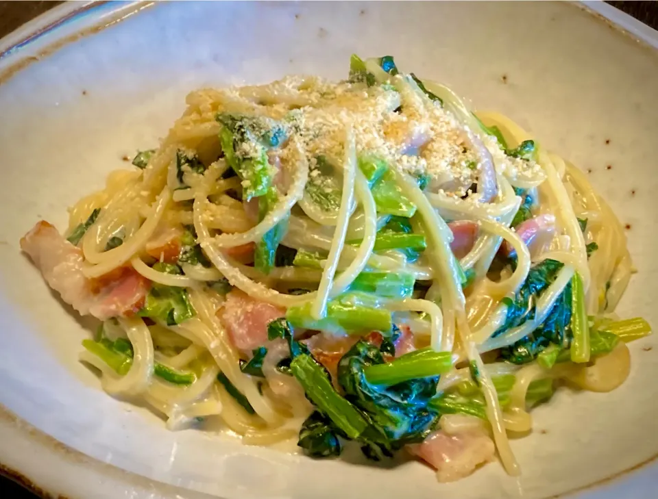 今日の麺好きランチは                                               「ほうれん草•ベーコンのクリーム調スパ」|mottoさん