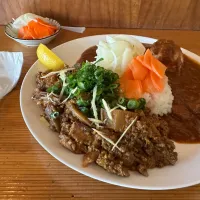 キーマ15(サバ根菜)🐟と大辛チキンのあいがけ🔥🌶️🐔🍛味玉トッピング🥚🍳ピクルスマシマシ🥒|buhizouさん