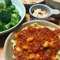＊蒸し大豆と大豆ミート入りあっさりトマトソースパスタ、柚子胡椒ツナマヨディップサラダ♬＊|ultramarineさん