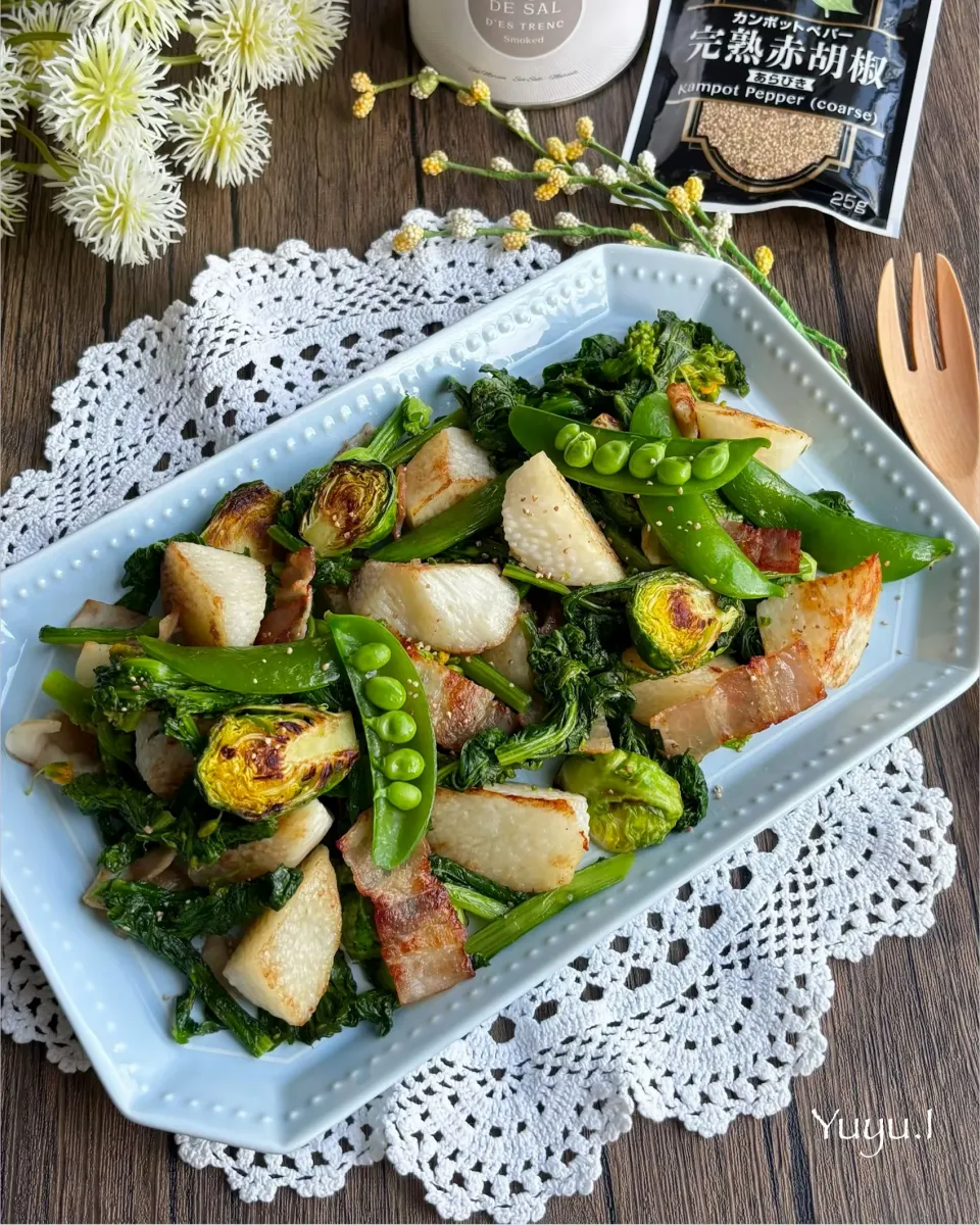 長芋と春野菜のベーコンソテー|ゆーこどんさん