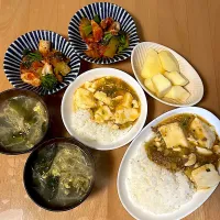 麻婆丼　きゅうりとちくわのキムチ和え　中華スープ　りんご|そのみさん