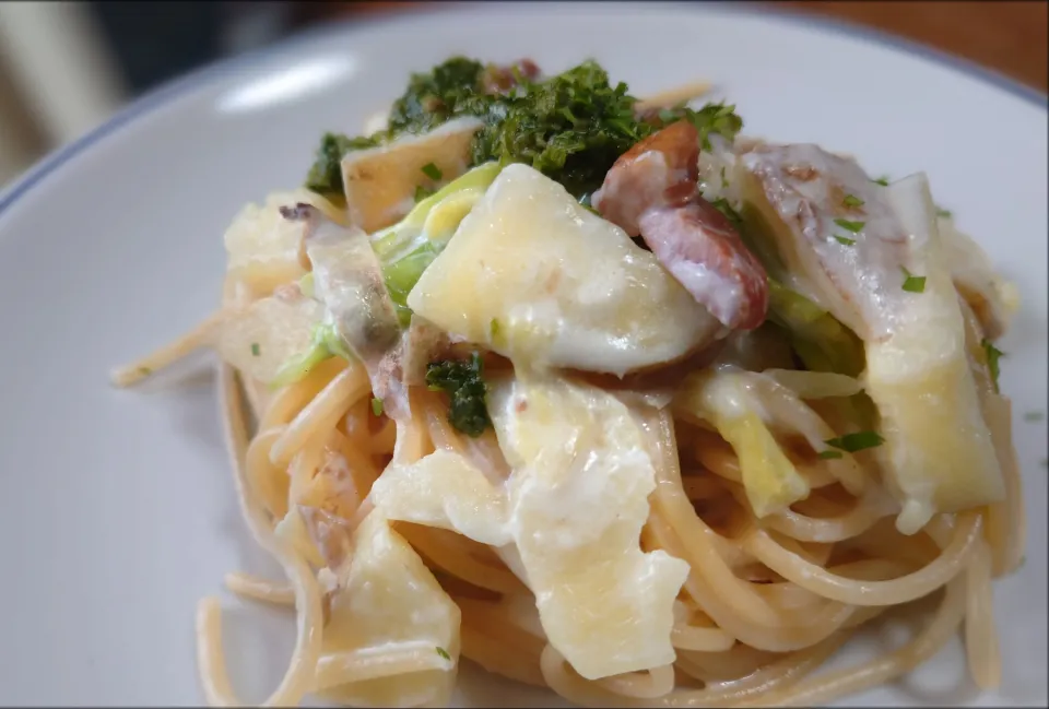 Spaghetti con anatra, patate, verza e crema|kazaneさん