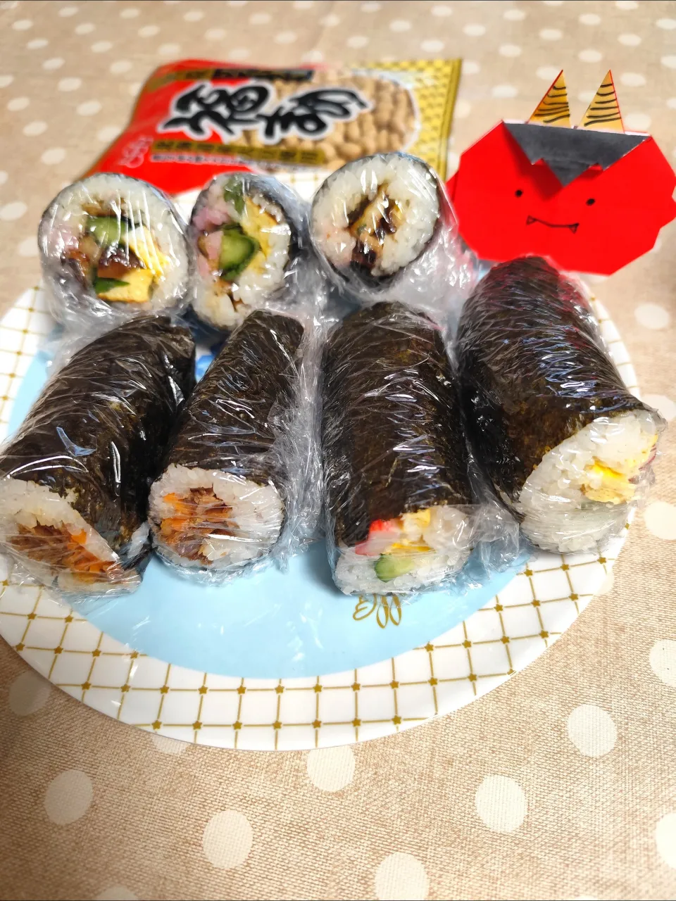 節分、難しかった恵方巻き3種、福まめ、鬼👹|m.rafuさん