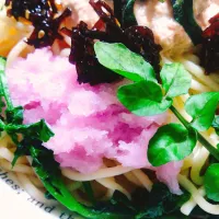 紫大根おろしとクレソンのツナマヨこんぶスパゲッティ|きこりnoteさん