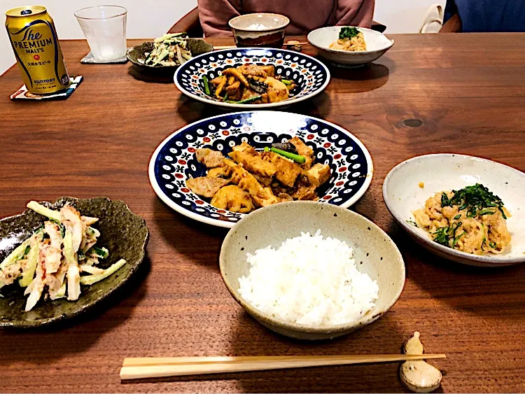 豚バラ・厚揚げ・たけのこのうま煮、ツナときゅうりと竹輪の和え物、しらたきの真子（真鱈子）炒め|タロッカ主夫見習いさん