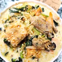 🔷🇳🇴アトランティックサーモンと牡蠣🍀ちぢみ雪菜のグラタン…アクシデント付き💦🔷