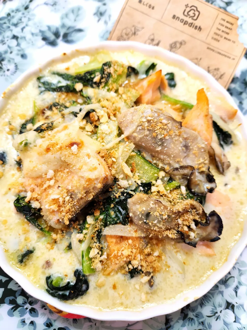 🔷🇳🇴アトランティックサーモンと牡蠣🍀ちぢみ雪菜のグラタン…アクシデント付き💦🔷|@きなこさん