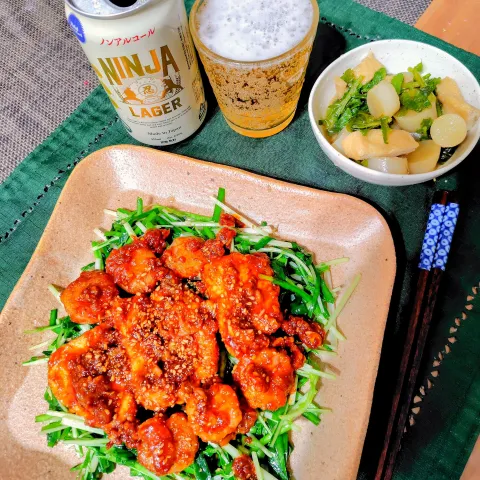 「李錦記 コチュジャン」を使ってみたSnapdishの料理・レシピ写真:【主菜】炒め野菜のカジキと海老の香味焼き