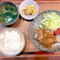 夜ご飯(生姜焼き、えのきたまご、レタスたまごスープ)